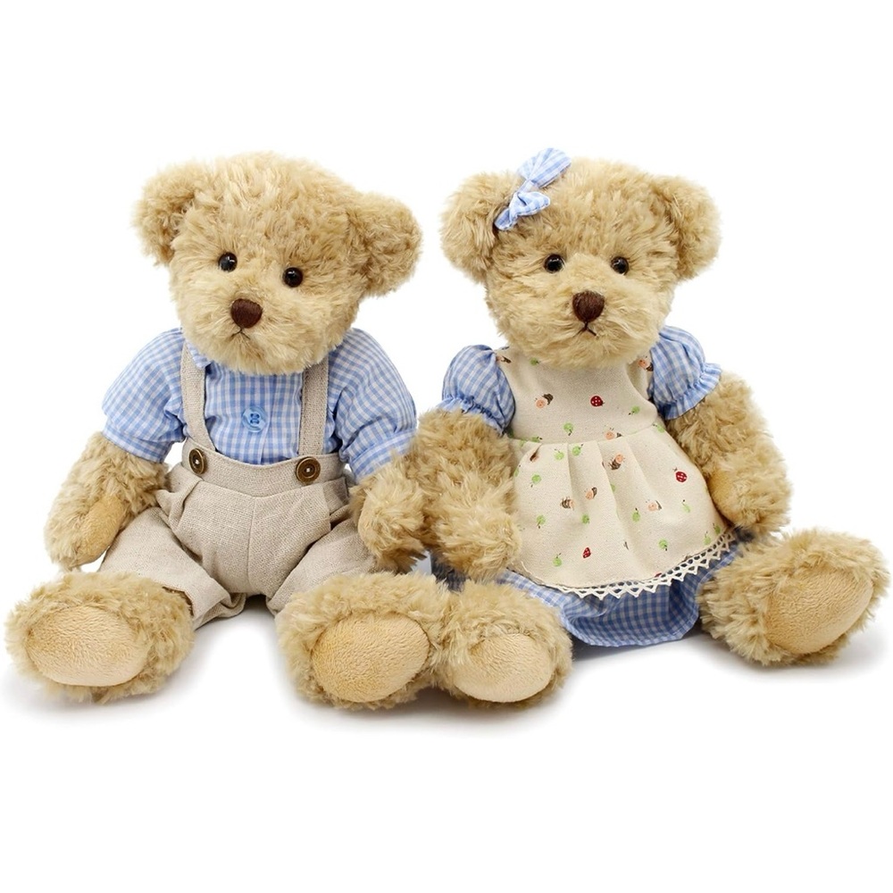 Charming Tan and Blue Stuffed Animal Pair with Vintage Appeal